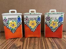 Vintage TBICO Czechoslovakia Hand Painted Kitchen Canister Set Red with Flowers picture