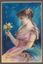 Geo O Sawyer Ready Money Only trade card 1880s bosomy girl holds rose bouquet picture