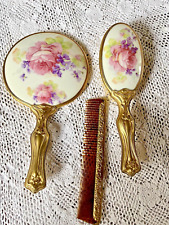 Victorian Porcelain Violets & Roses Hand Mirror, Brush & Comb Set Brass Handles picture