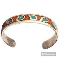 NOTEWORTHY VINTAGE NAVAJO INLAY TURQUOISE CORAL STERLING SILVER Bracelet  picture