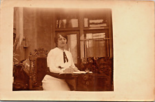 RPPC Young Woman White Dress Family Photo Desk Ink Well Furniture P.UN. (N-126) picture
