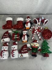 Lot Of 14 Christmas Holiday Tinsel Christmas Ornaments, Snowmen, Tree, Bells Etc picture