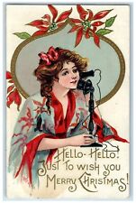 c1910's Pretty Woman Kimono Telephone Poinsettia Flowers HBG Embossed Postcard picture