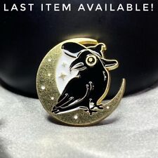 Black Gold Crow Raven Moon Lunar Enamel Pin Badge Brooch Accessory Gothic Gift picture