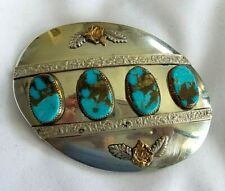 LARGE GERMAN SILVER OVAL BUCKEL TURQUOISE STONES SET IN GOLD WITH GOLD ROSESS picture