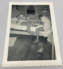 Found B&W Vintage Photo 1950-60's Boy and Girl Reading and Manicuring on Bed picture