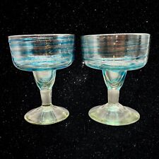 Set Of 2 Mexican Hand Blown Stripped Blue Margarita Glasses 5”T 4.5”W picture