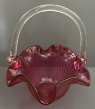Vintage Cranberry Glass Bowl Applied Clear Handle Ribbed Bowl Ruffle Edge Large picture