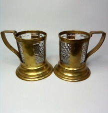 Set Of 2 BRASS Glass Votive Cups w/ Handles picture