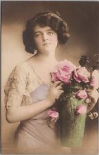c1900s German Pretty Lady / RPPC Postcard Pink Roses in Vase / Colored Photo picture