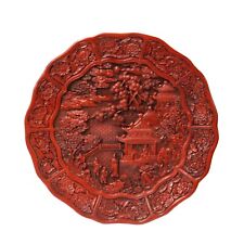 Chinese Red Resin Lacquer Round Scenery Relief Carving Accent Plate ws974 picture