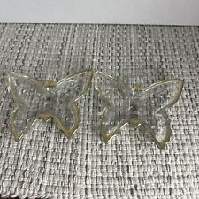 Set of 2 Vintage Butterfly Clear Glass Ashtray Trinket Coin Dish Gold Trim 3