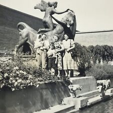 Vintage 1949 Black and White Photo Family Posing With Europa and the Bull Statue picture