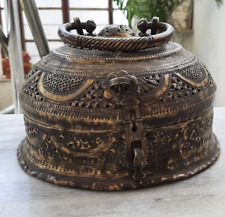 Antique Round Brass Box Handcrafted Old Engraved Original Bread Box Kitchenware picture