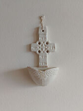 Holy Water Font Celtic Cross Wall Hanging Collectable White Ceramic Crusifix picture
