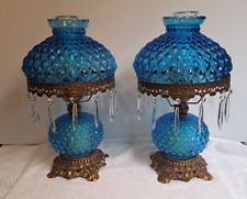 Vintage Pair Gone With The Wind Table Lamps, GWTW, Blue Quilt Pattern, Hobnail picture