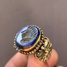 ANTIQUE BLUE INTAGLIO EGYPTIAN BEE ENGRAVED BRONZE SIGNET ROMAN RING picture