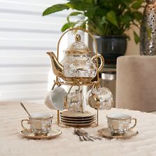 20pc Tea Set. Tea Pot 6 Cups + Saucers &Rack Coffee Cup Set Gold Color 3 oz Cups picture