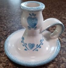 Vintage Spongeware Pottery White w/Blue Hearts Candle Stick Holder W/Finger Loop picture