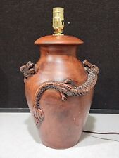 Large Red Clay Pottery Table Lamp with Sculpted Raised Chinese Double Dragons picture