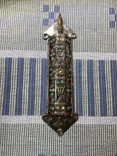 Antique Metal Mezuzah Case Hand Made  Turquoise Very Fancy picture
