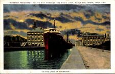 1948, Freighter Passing Through Sabin Lock, SAULT STE. MARIE, Michigan Postcard picture