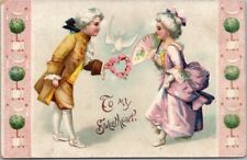 c1910s VALENTINE'S DAY Postcard Boy & Girl Colonial Fashion / Dove - Clapsaddle? picture