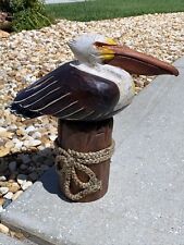 SLEEPING PELICAN ON PILING CARVED WOOD TROPICAL SCULPTURE BIRD DECOR picture