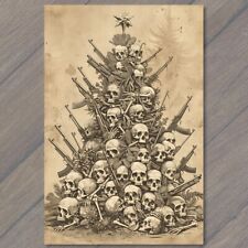 POSTCARD Skull Christmas Tree Skeleton Eerie Scary Old School Guns Strange Weird picture