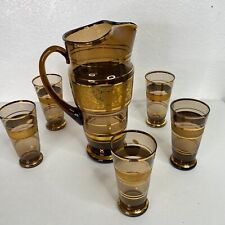 MCM Bohemian Pitcher Glass Set 6 Glasses Czechoslovakia Gold & Amber Floral picture