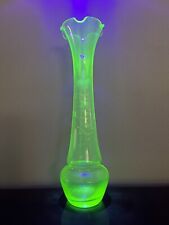 Rare VTG Uranium/Vaseline Depression Glass Green Etched Flower Bud Vase Glows 8” picture
