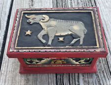 Vintage Handcarved Aries Ram Lidded Box Stars Flowers Mythical Astrological Sign picture