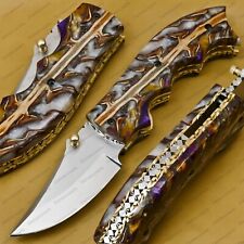 Handmade Damascus Steel Hunting Pocket Knife Camping Folding Blade Wood Handle picture