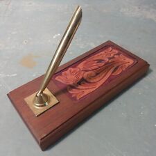 Vintage Tooled Leather, Brass and Walnut Wood Executive Desktop Pen Holder | Hip picture