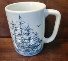 Vtg Gibson Etched Ships at Sea Mug Blue Lighthouse Nautical Sailing picture