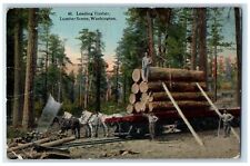 c1950 Loading Timber Lumber Scene Railroad Horses Workers Washington WA Postcard picture