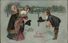 Winsch Valentine Pilgrim Boy Bows to Girls Textured Background c1910 Postcard picture