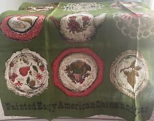 Vtg 1970s Linen Green Tea Towel Featuring Early American Painted China &Glass picture