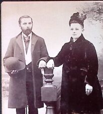 c1880s Cabinet Card Lewiston ME Couple Woman W Winter Hat Man Visible Stand A116 picture