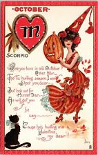 C.1910 TUCK Halloween Zodiac Scorpio JOL Black Cat Glamor Girl Postcard A220 picture