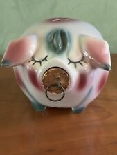 Vintage 1957 Hull Pottery Corky Pig Piggy Bank, Green Rose Accents With Cork picture