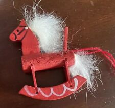 Vtg Wooden Rocking Horse Ornament Red Christmas Holiday Fur Feather Small picture