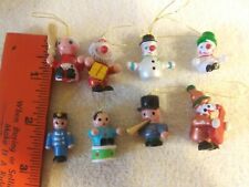 8 VTG Miniature Wooden Christmas Ornaments Hand Painted Santa, Mrs Claus, Etc. picture