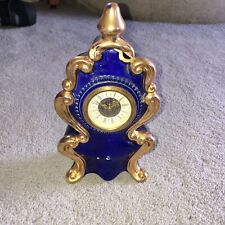 Vintage Mini French Victorian Porcelain Mantel Clock Blue Gold picture