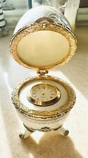 Porcelain Quartz Clock Egg Hinged 3-Footed White With Gold Trim- Stunning picture