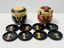 Rare Japanese Lacquerware Kokeshi Set of 2 Bento Boxes+8 Enameled Wood Coasters picture