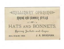 1894 Advertising Card Millinery Opening Hats Bonnets Bradman Clothing Jackets picture