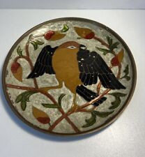 Vintage Brass Enamel Footed Plate Painted Birds Made In India picture