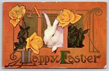 Holiday~A Happy Easter~Rabbit W/ Yellow Roses~PM 1910~Embossed~Vintage Postcard picture
