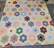 Grandmothers Flower Garden Hand Made Quilt Large Cream Backing Stitched  picture
